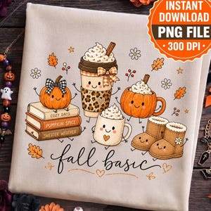 May include: A digital illustration on a light fabric background featuring a stack of books labeled Cozy Days, Pumpkin Spice, and Sweater Weather, a pumpkin, a leopard print coffee cup, a mug, and boots, with the text fall basic.
