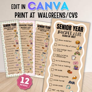 May include: Four vertical Senior Year Bucket List Class of 2027 checklists with wavy borders in green, pink, and tan. Each list features checkboxes and small icons for events like Senior Breakfast, Homecoming, and Graduation. Text reads EDIT IN CANVA.