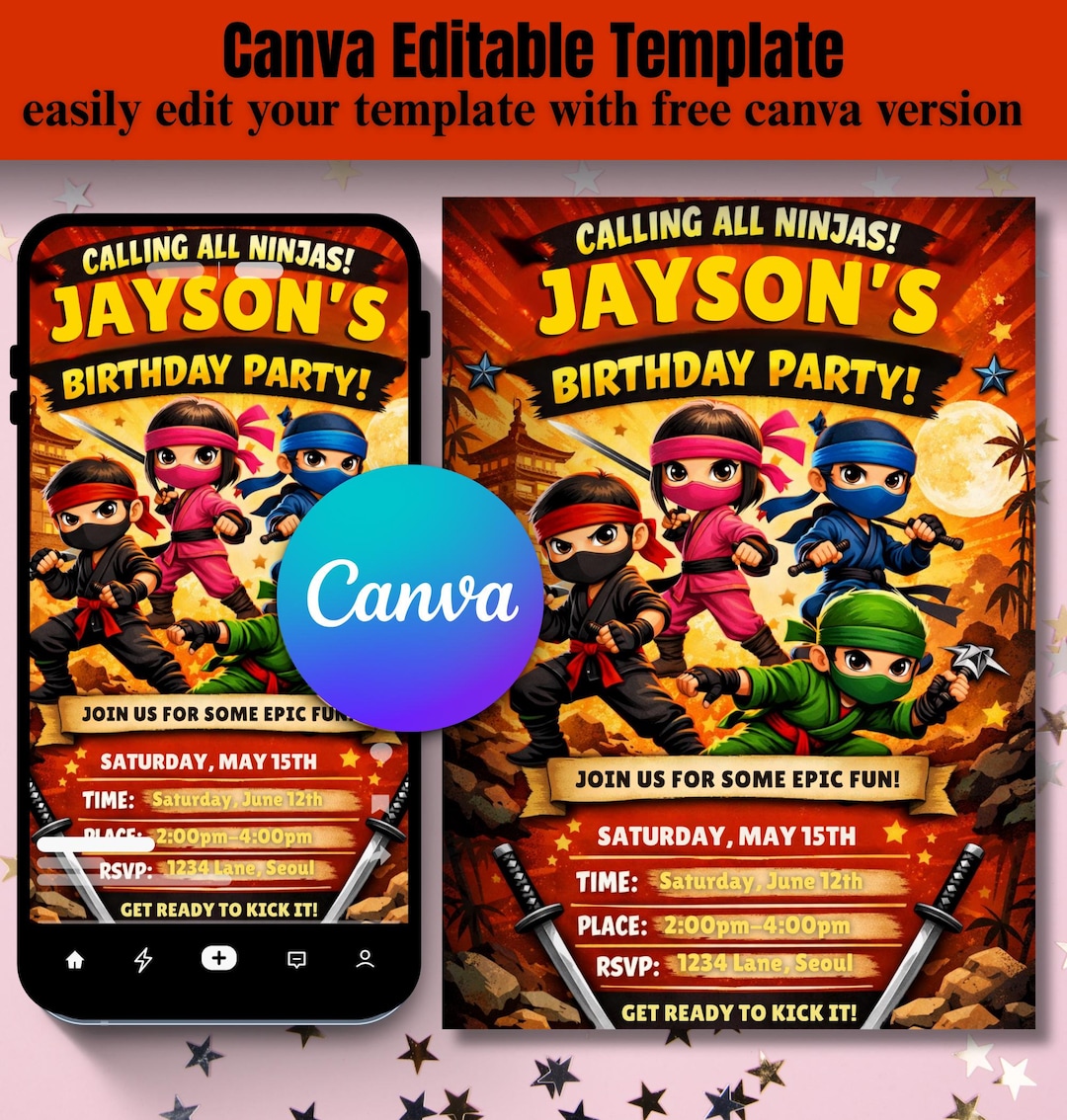 Ninja Birthday Invite, Cartoon Style Kids Party (editable Canva ...