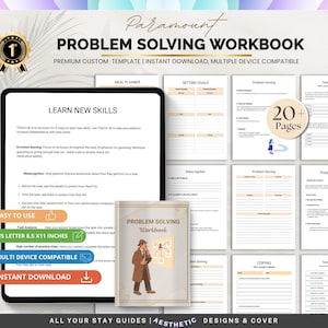 May include: A digital workbook titled "Problem Solving Workbook" with a vintage aesthetic. The cover features an illustration of a detective. The workbook includes sections for meal planning, setting goals, and problem-solving. It is designed for multiple devices and is an instant download.