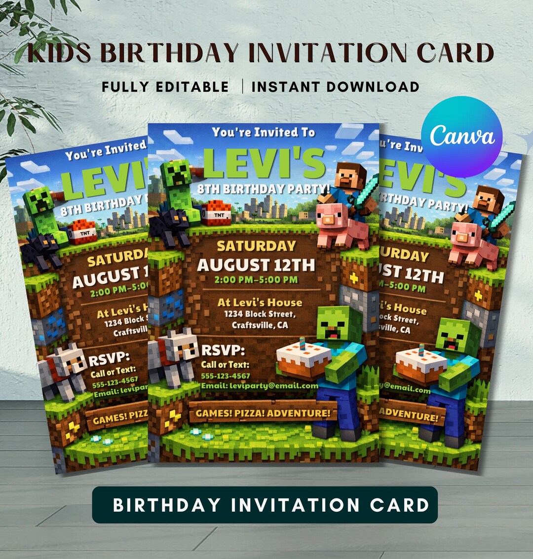 Pixel Block Adventure Birthday Invitation, Canva Editable, Game & Cube ...