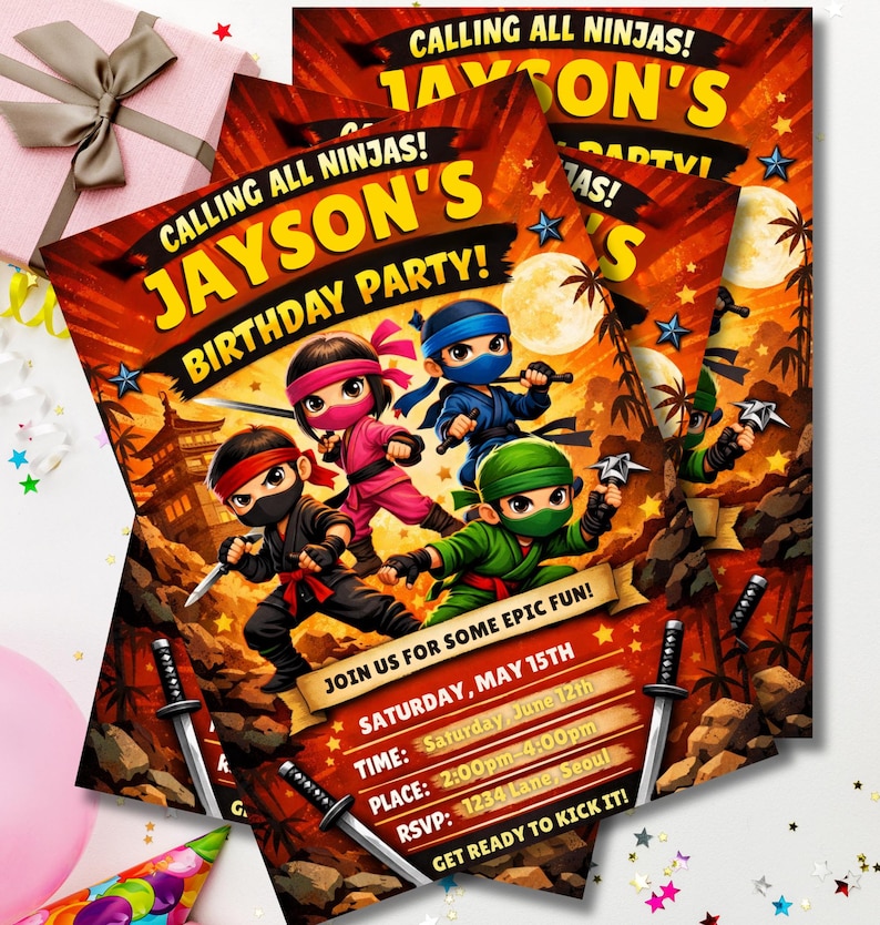 Ninja Birthday Invite, Cartoon Style Kids Party (editable Canva ...