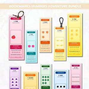 May include: A set of ten colorful bookmarks titled BOOKMARKS NUMBERS ADVENTURE BUNDLE, each featuring a number from one to ten, counting tasks with illustrations like apples, cats, and stars, a Did You Know section, and a space to write a name.