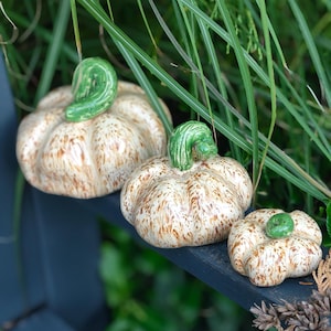 Op de afbeelding: Drie keramische pompoenen van verschillende groottes, elk met een glanzend crèmekleurig oppervlak met bruine spikkels en een opvallende, gekrulde groene steel. De pompoenen zijn gerangschikt in afnemende grootte van links naar rechts.