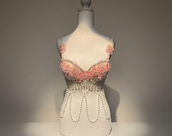 Floral Lace Bra Top, Pink Rhinestone Festival Outfit, Beaded Fringe Chandelier Pearls (SIZE: XS)