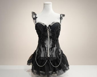 Black Heart Set, Rave/Festival/Beach Outfit, Full Set, Bodysuit Outfit (Size: M)