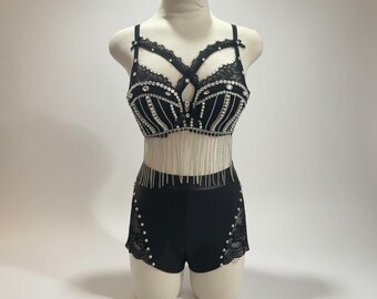 Black Crystal Outfit, Rave/Festival Outfit, Full Set, (Size: XS-S)