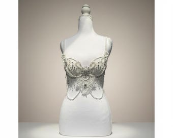 Crystal Embellished White Bra Top, Wonderland Rave, Ice Princess, Snow Angel (Size XS)