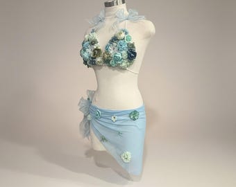 Floral Festival Outfit, Blue/Green Flower Set, Feminine Energy Rave Wear (One size)