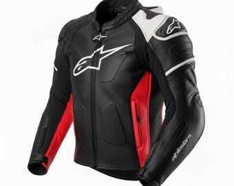 Giacca da motociclista da uomo in pelle nera – Stile racing biker rosso e bianco con protezioni