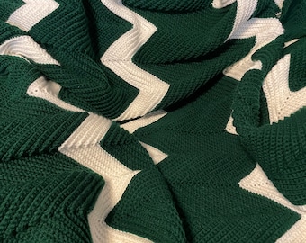 Large Crocheted afghan in Hunter Green and Soft White