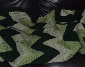 Large Crocheted Ripple Afghan in Green Tones