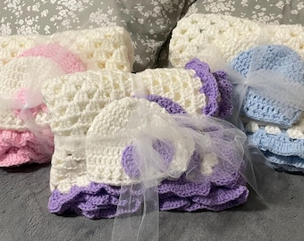 Crocheted Granny Square Baby Afghans with beanies