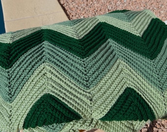 Large Crocheted Ripple Afghan in Green Tones