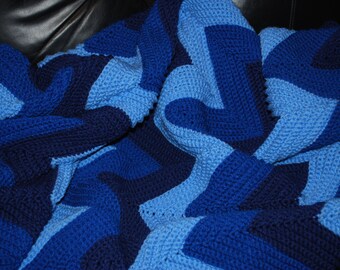Large Crocheted Ripple Afghan in Blue Tones