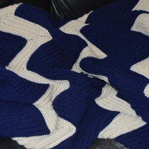 Large Crocheted Ripple Afghan in Navy & Soft White