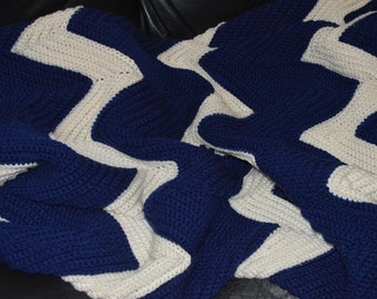 Large Crocheted Ripple Afghan in Navy & Soft White