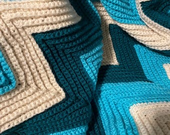 Large Crocheted Afghan in Real Teal, Turqua and Aran