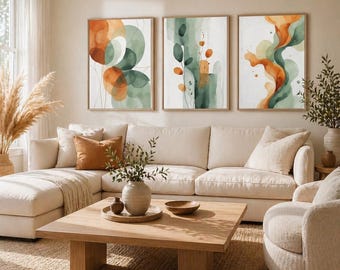 3-Piece Abstract Canvas Wall Art, Burnt Orange Sage Green Boho Painting