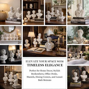 May include: A collection of white classical busts, displayed on books and mantels. The busts vary in size and style, with detailed facial features. The image includes the text "ELEVATE YOUR SPACE WITH TIMELESS ELEGANCE".