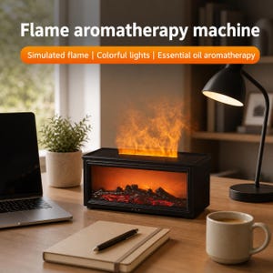 Puede incluir: Máquina de aromaterapia negra con efecto de llama simulada y luces de colores. La máquina tiene forma rectangular con un diseño de chimenea falsa. El texto de la imagen dice "Flame aromatherapy machine".