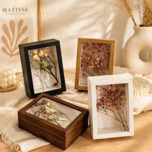 Puede incluir: Cuatro cajas de sombra rectangulares con flores secas en su interior. Los marcos son negros, marrones, blancos y de madera natural. Las cajas se exhiben sobre una superficie de color claro. La palabra "MATISSE" es visible en el fondo.
