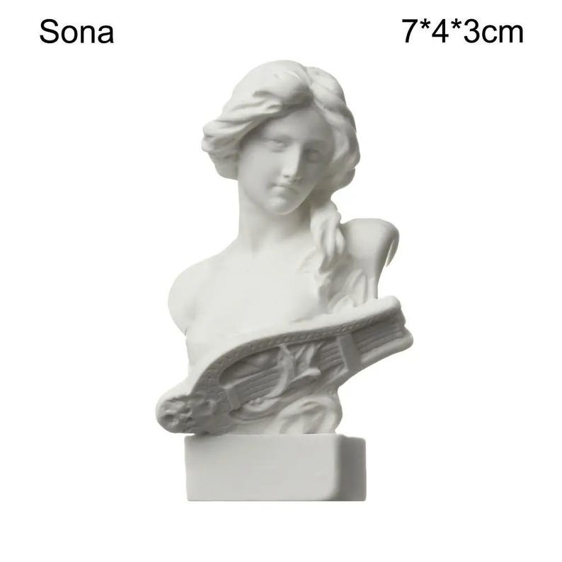May include: A white bust sculpture of a woman with flowing hair, holding a lyre. The sculpture is 7 cm x 4 cm x 3 cm. The word "Sona" is printed above the sculpture.