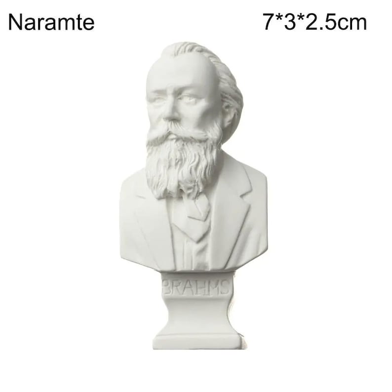 May include: A white bust of a man with a long beard and a suit. The bust is labeled "BRAHMS" at the base and measures 7*3*2.5cm. The word "Naramte" is printed at the top left.