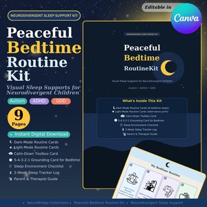 Può includere: Un download digitale intitolato "Peaceful Bedtime Routine Kit" con supporti visivi per il sonno per bambini neurodivergenti. Il kit include schede di routine in modalità scura e chiara, una scheda toolbox per la calma e una checklist dell'ambiente del sonno.