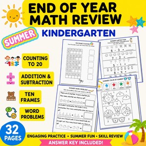 Könnte beinhalten: Ein farbenfrohes Arbeitsblatt-Set für Kindergartenkinder. Die Seiten zeigen sommerliche Matheaufgaben, darunter Zählen, Addition, Subtraktion und Textaufgaben. Das Set umfasst 32 Seiten mit einem Lösungsschlüssel. Der Titel lautet "End of Year Math Review".