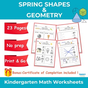 以下が含まれることがあります： 「Spring Shapes & Geometry」というタイトルの幼稚園の算数ワークシート。画像には、幾何学的な図形を含むいくつかのワークシートが表示されています。「23 Pages」、「No prep」、「Print & Go」というテキストが含まれています。ボーナス証明書が含まれています。