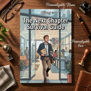 May include: A book titled The Next Chapter Survival Guide featuring a cartoon illustration of a person in a business suit walking through an office. The cover includes text indicating a personalisable name Oliver and a personalisable face.