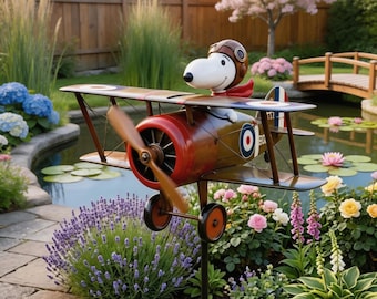 Ace Pilot "Red Baron" Biplane Windmill, Metal Garden Windmill, Quirky Patio Artwork, Outdoor Lawn Decoration, Garden And Courtyard Ornament