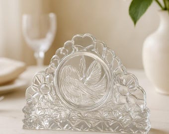 Hofbauer Byrdes Crystal Napkin Holder | 1960s Lead Crystal Pressed Glass with Bird Motif | Elegant Dining Table Decor