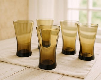 Set di 5 bicchieri Anchor Hocking Linden Mocha / Bicchieri vintage anni '70 / Accessori per bar e arredamento casa in stile Mid-Century Modern