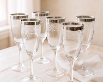 Set di 6 flûte da champagne vintage in cristallo / Bicchieri da brindisi con bordo in platino e reticolo inciso