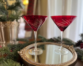 Vintage Etched Crystal Martini Glasses Set of 2| Red & Clear Tartan Design | MCM Barware Gift | Pier 1 Tartan