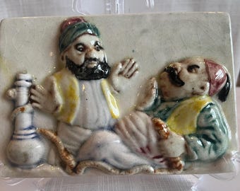 Caja de baratijas de cerámica italiana vintage: Escena de narguile al estilo Capodimonte