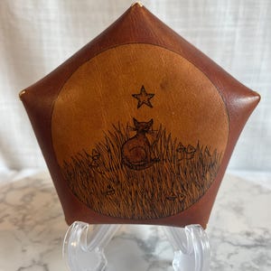 Vintage Hand-Tooled Leather Trinket Box: Folk Art Cat Design, Boho Storage Keepsake