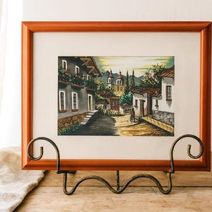 Mexikanische Stadt Straßenszene Aquarell | Mid 20th Century Folk Art Eingerahmt | Wohnzimmer Dekor Statement Stück | Künstler Marcos Ruiz Original