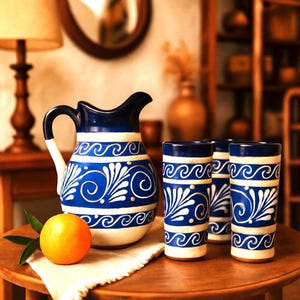 Puede incluir: Una jarra de cerámica y dos vasos altos a juego con un diseño en azul oscuro y blanco que presenta patrones de olas y volutas florales pintadas a mano. Una fruta naranja brillante con hojas verdes se encuentra junto a la jarra.