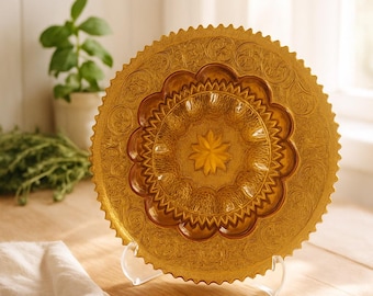 Piatto per uova alla diavola Indiana Glass Tiara Chantilly / Motivo sandwich in vetro ambrato anni '70 / Pezzo da portata MCM