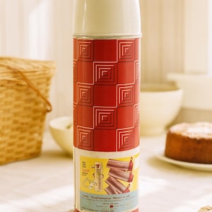 Vintage King-Seeley Thermos | 1960s Metal Icy-Hot Geometric Pattern | Retro Kitchen Decor | Picnic Camping Gear