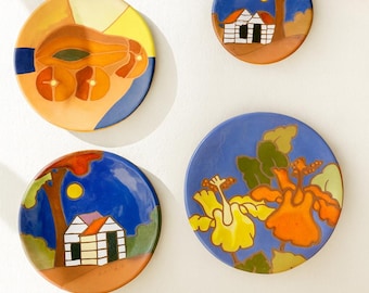 Handcrafted Art Pottery Plates Set | Terracotta Village Scene Fruit and Hibiscus Dominican Republic | Boho Home Decor Wall Art | Latin Style
