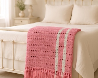 Vintage Pink Crocheted Throw Blanket | 1970s Cottage Fringe Afghan Twin Bedspread