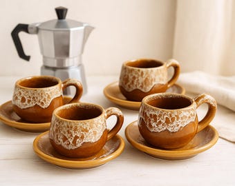 Ceramiche colombiane vintage / Tazzine da caffè espresso con piattini / Ceramica d'autore con smalto Lava Drip / Set da caffè in stile MCM per 4 persone / Arte popolare