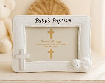 Cornice portafoto per battesimo, 4x6 pollici / Porcellana con dettagli in oro 24 carati / Regalo ricordo per battesimo