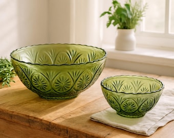 Set per patatine e salsa Anchor Hocking color verde avocado / Medaglione in vetro vintage con motivo a stella / Arredamento per la casa in stile moderno di metà secolo