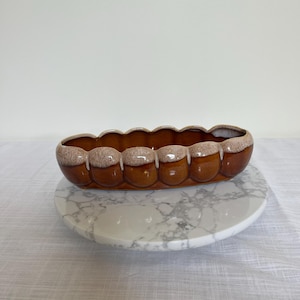 Vintage USA Drip Glaze Planter: Mid Century Brown Cream Scalloped Oval Ceramic MCM Decor
