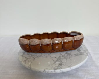 Vintage USA Drip Glaze Planter: Mid Century Brown Cream Scalloped Oval Ceramic MCM Decor